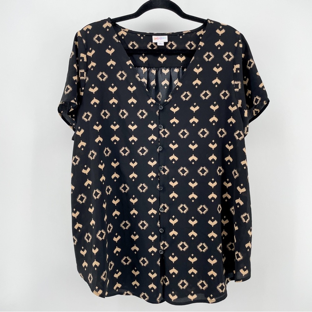 LuLaRoe Black/Tan Geometric Boho Buttoned Blouse L